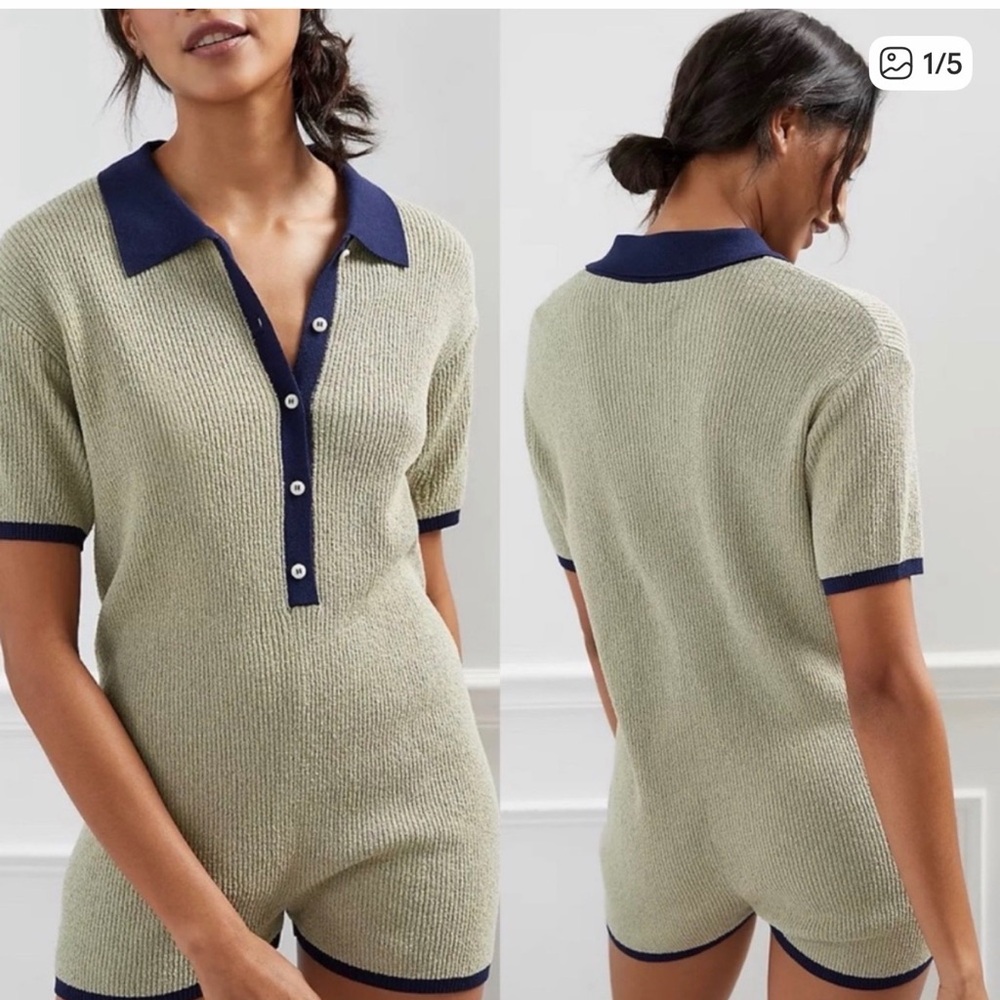 Anthropologie Sage Green Knit Polo Romper with Navy Trim